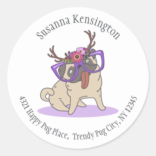 Adesivo Redondo Hipster Bonito Boho Hippie Pug Big Glass Endereço (Frente)