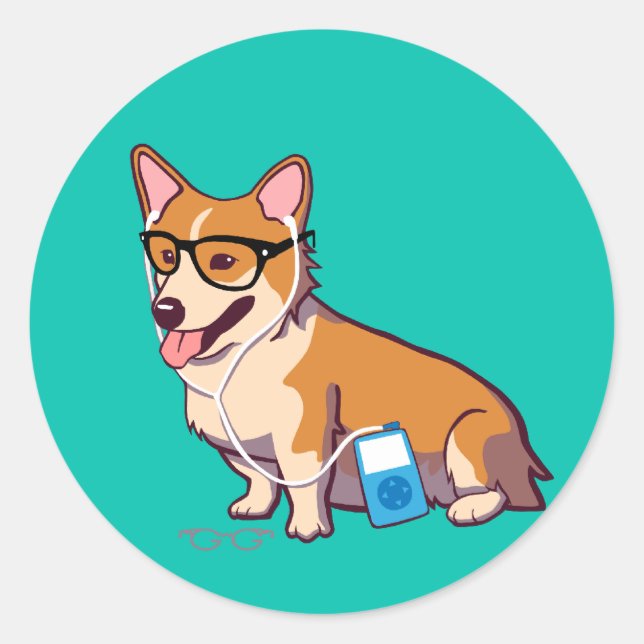 Adesivo Redondo Hipster Corgi Stickers (Frente)