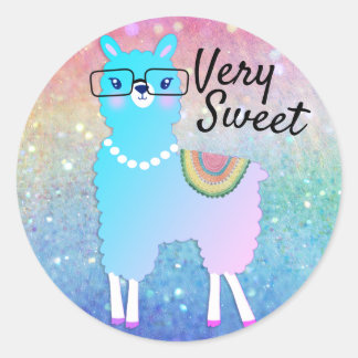 Adesivo Redondo Hipster Llama Rainbow Glitter Ombre