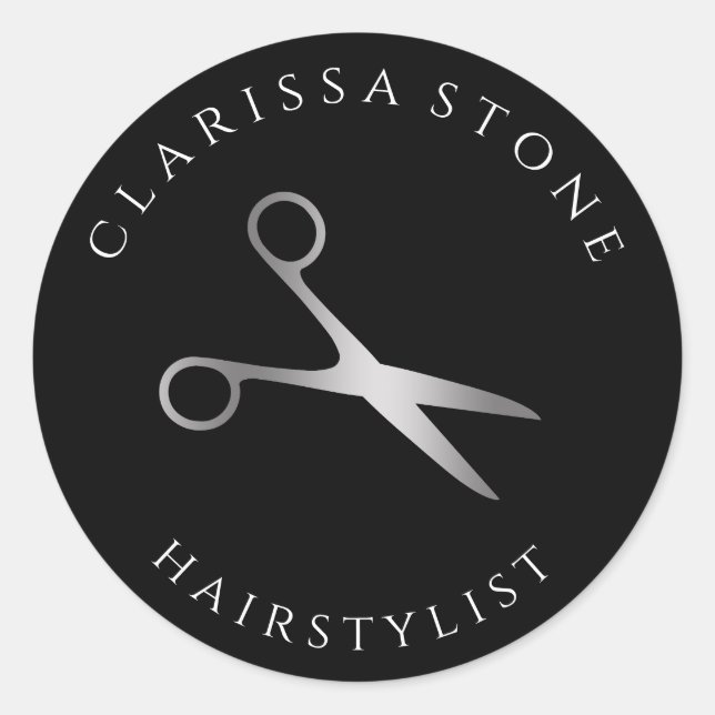 Adesivo Redondo Hirestilista de tesouras de prata e preto (Frente)