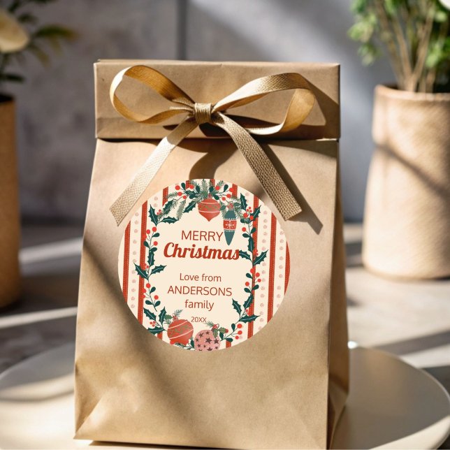 Adesivo Redondo Histórias de Natal do Grande Milênio - costume (Christmas retro nostalgia stripes grand millennial personalized Merry Christmas gift stickers)