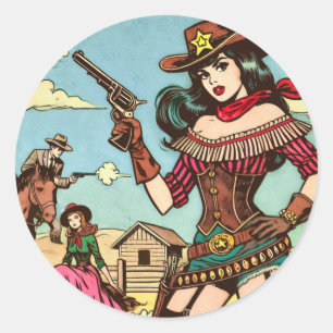 Adesivo Redondo Histórias em quadrinhos de Vintage Cute Cowgirl