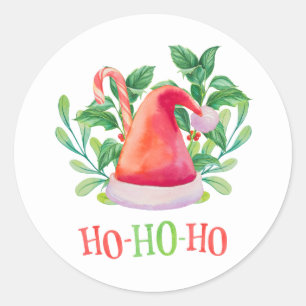 Adesivo Redondo Ho Ho Ho. Natal floral com aquarela.Papai Noel