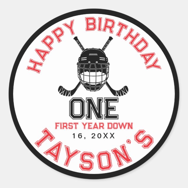 Adesivo Redondo Hockey First Year Down 1st birthday  (Frente)