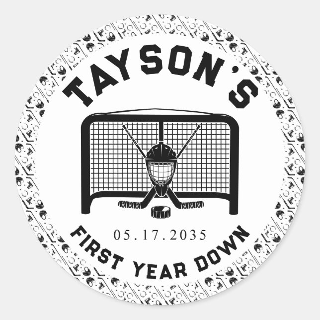 Adesivo Redondo Hockey Primeiro Ano em Papel de primeiro aniversar (Frente)