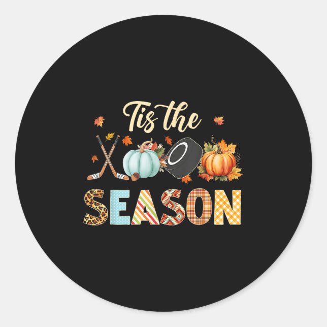Adesivo Redondo Hockey Tis The Season Pumpkin Autumn Fall Thanksgi (Frente)