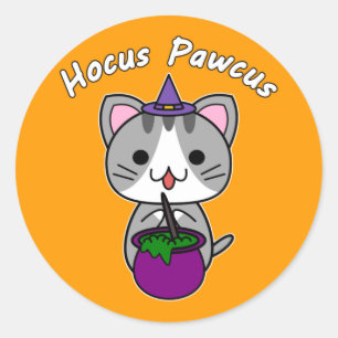 Adesivo Redondo Hocus Pawcus - Gato Tabby Cinza - Escrita Branca