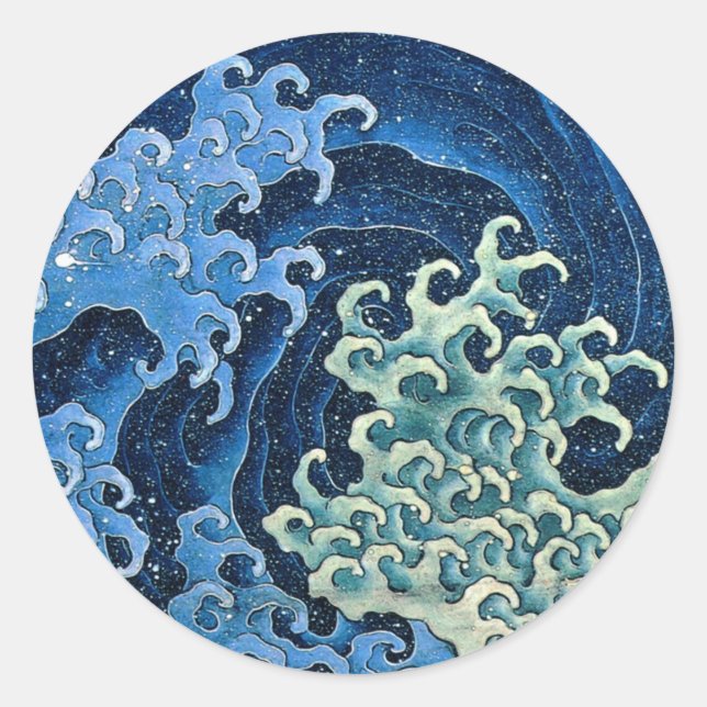 Adesivo Redondo Hokusai Feminine Wave Vintage Ocean (Frente)