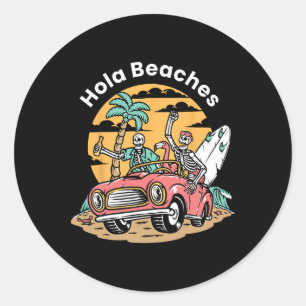 Adesivo Redondo Hola Praias Feliz Férias de Verão Esqueleto Coffin