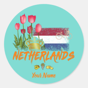 Adesivo Redondo Holanda Vintage Holland Flag e Dutch Tulip