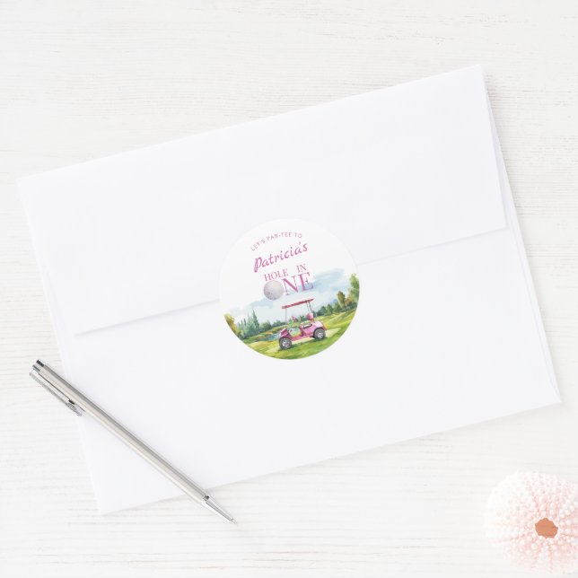 Adesivo Redondo Hole In One Pink Golf 1st Birthday  (Envelope)