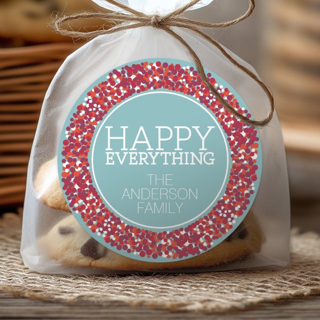 Adesivo Redondo Holiday Berry Wreath com o Happy Tudo (Happy Everything Sticker - Customize with your family name)
