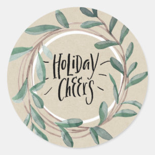 Adesivo Redondo Holiday Cheers Rustic Kraft Botanic Leaf Wreath