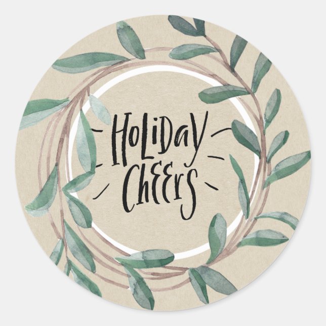 Adesivo Redondo Holiday Cheers Rustic Kraft Botanic Leaf Wreath (Frente)
