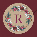 Adesivo Redondo Holiday Floral Christmas Wreath Monograma<br><div class="desc">Etiquetas personalizadas personalizadas personalizadas com o seu monograma inicial ou outro texto personalizado numa coroa verde e borboleta de cor-de-água num fundo de papel kraft falso. Use as ferramentas de design para editar as fontes de texto e as cores, adicionar suas próprias fotos e criar um tipo de selo de...</div>