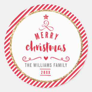 Adesivo Redondo HOLIDAY SEAL, árvore de natal alegre, faixa vermel