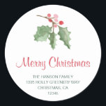 Adesivo Redondo Holly Berries Merry Christmas Return Endereço<br><div class="desc">Adicione alegria de férias com este adesivo com um design simples, mas elegante, com uma coroa de água pintada com bagas sagradas e verde juntamente com "Feliz Natal" em vermelho e seu endereço de retorno em verde. Estes adesivos fazem selos de envelopes de excelente e são perfeitos para adicionar um...</div>