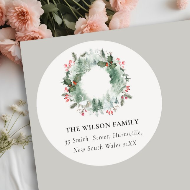 Adesivo Redondo Holly Berries Pine Snow Wreath (Criador carregado)