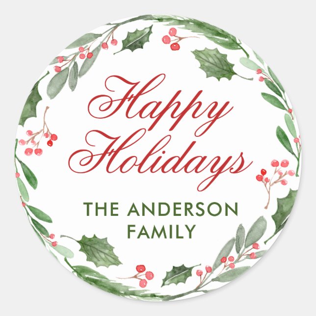 Adesivo Redondo Holly Berry Watercolor Natal (Frente)