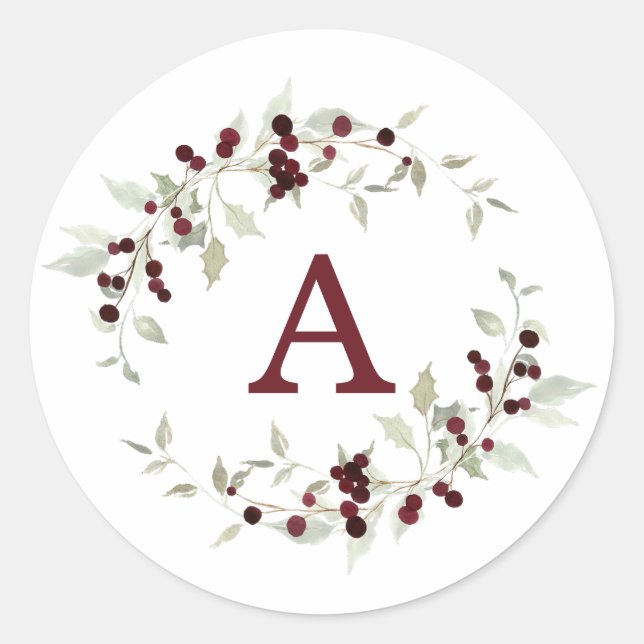 Adesivo Redondo Holly Berry Wreath Monogram Letter (Frente)