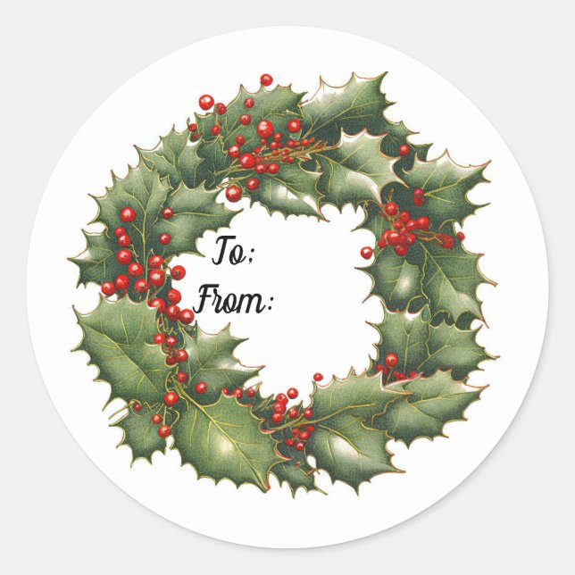 Adesivo Redondo Holly Berry Wreath Round Sticker (Frente)