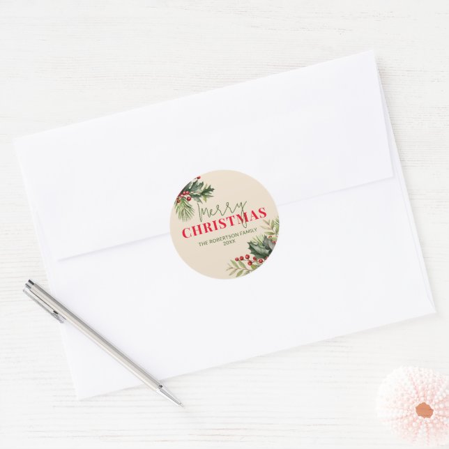 Adesivo Redondo Holly e Pine no Beige Christmas Seal (Envelope)