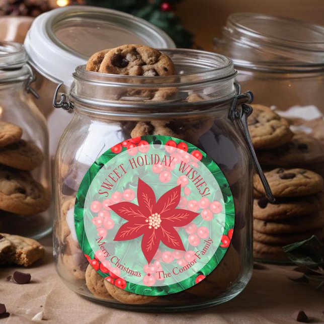 Adesivo Redondo Holly Floral Natal Natal Natal - Baking Holiday (Holly Berries and Poinsettia  Christmas Homemade Holiday Baking 3" Round Stickers)
