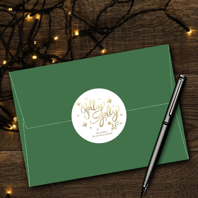 Adesivo Redondo Holly Jolly AF | Manuscrito brilhante Dourado Faux (Criador carregado)