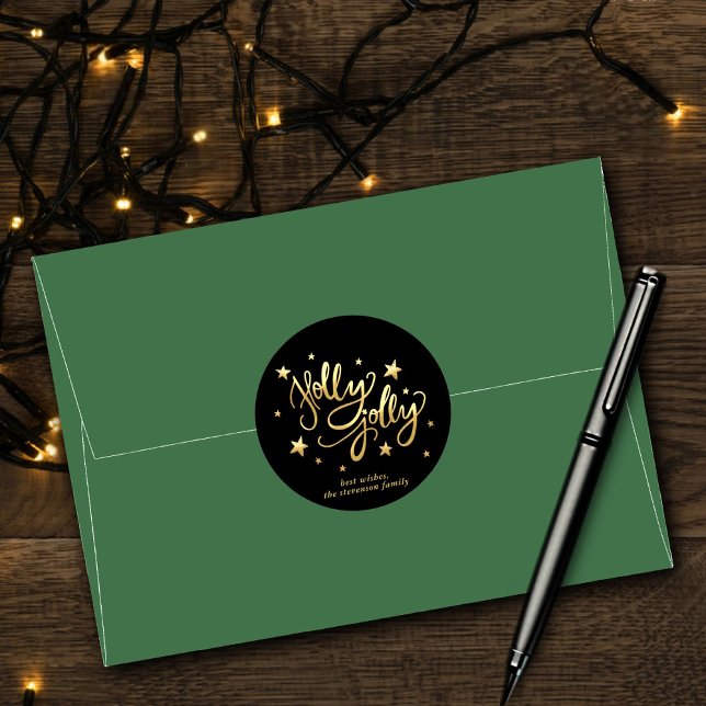 Adesivo Redondo Holly Jolly | Elegante Dourado Faux Foil Script (Criador carregado)