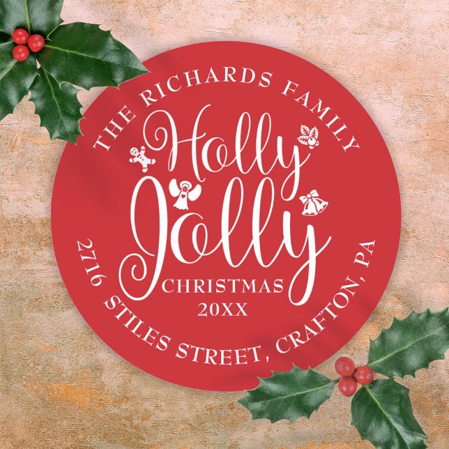 Adesivo Redondo Holly Jolly Natal Holidays Nome Endereço (Holly Jolly Christmas Holidays Name Address Classic Round Sticker)