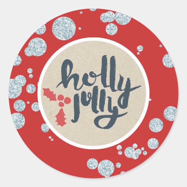 Adesivo Redondo HOLLY JOLLY Natal Silver Glitter Kraft Holiday (Frente)