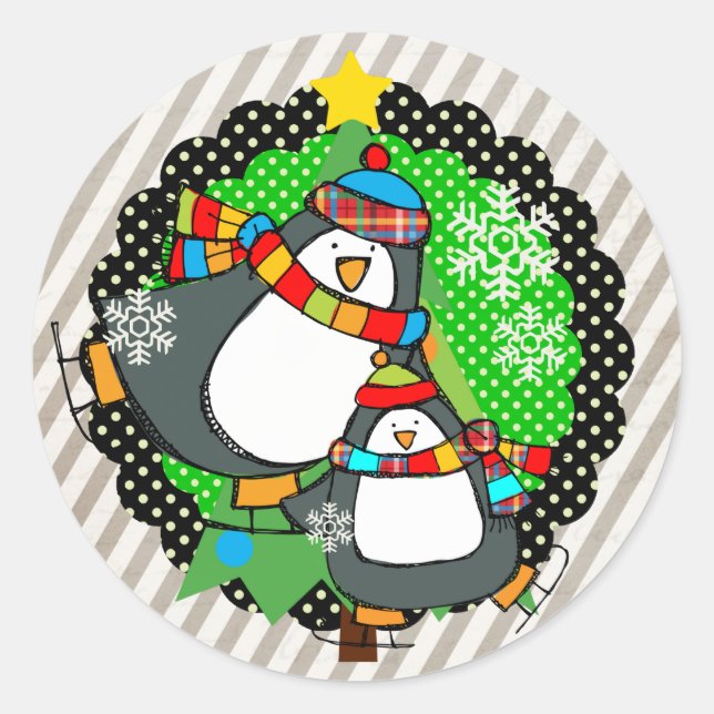 Adesivo Redondo Holly Jolly Skating Penguins Round Sticker (Frente)