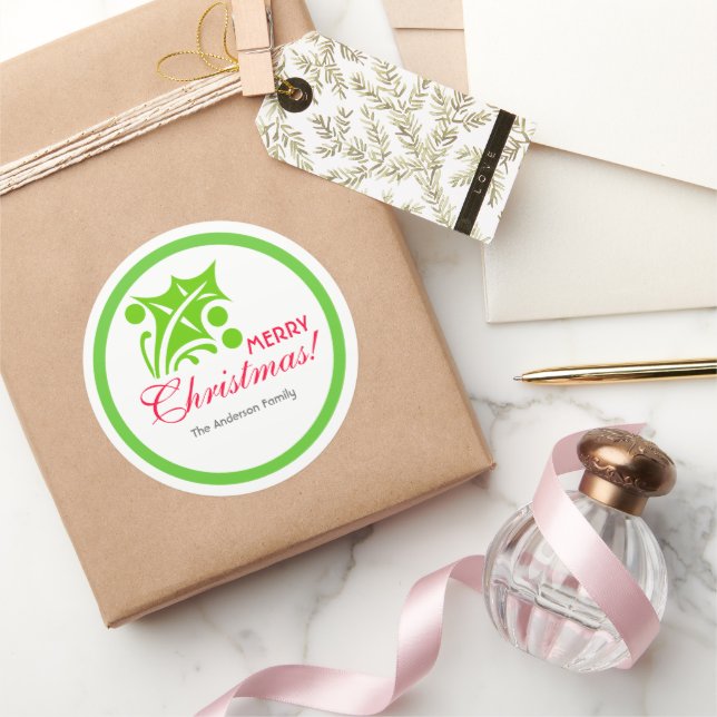 Adesivo Redondo Holly Leaf de Natal Verde (Presentear)