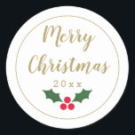 Adesivo Redondo Holly Merry Christmas 2021 Classic Round Sticker<br><div class="desc">Dourados adesivos Feliz Natal,  que você pode facilmente personalizar com o ano em um texto dourado acima do santo. Um selo festivo para seus cartões de Natal,  etc.</div>
