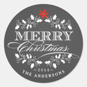 Adesivo Redondo Holly Wreath Christmas Chalkboad Typoographic Labe