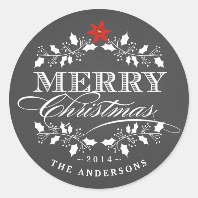 Adesivo Redondo Holly Wreath Christmas Chalkboad Typoographic Labe (Frente)