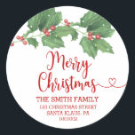 Adesivo Redondo Holly Wreath Merry Christmas Return Endereço<br><div class="desc">Ferida verde em aquarela com frutos vermelhos e fontes de natal. Esta coleção de Natal clássica e elegante.</div>
