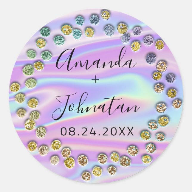 Adesivo Redondo Holográfico Simples Nome Data Pontos de Rosa Preto (Frente)