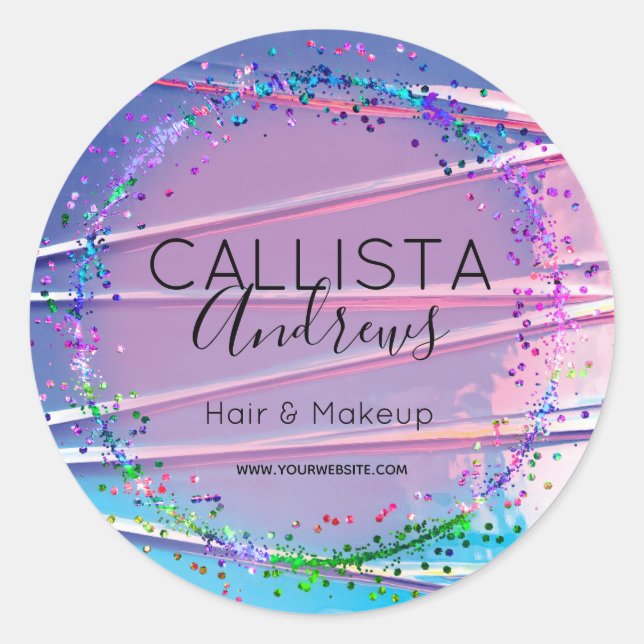 Adesivo Redondo Hológrafo Azul Roxo Glitter Confetti (Frente)