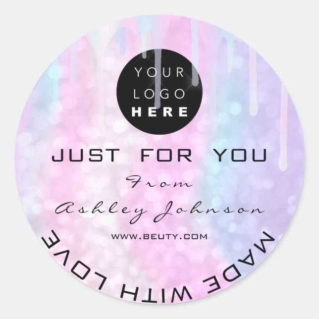 Adesivo Redondo Hológrafo do logotipo do Obrigado com brilho rosa  (Frente)