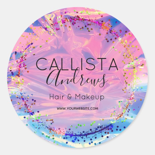 Adesivo Redondo Hológrafo Rosa Púrpura Glitter Confetti Classe de  (Frente)