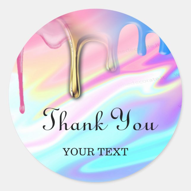 Adesivo Redondo holograma unicórnio goteja obrigado você (Frente)