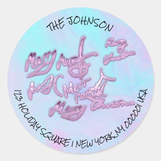 Adesivo Redondo Holographic Blue Merry Christmas from Name Address (Frente)