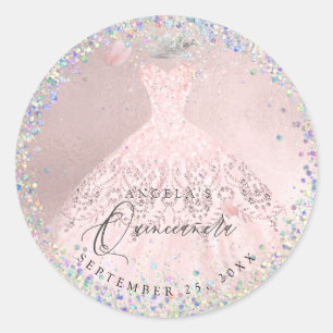Adesivo Redondo Holographic Confetti Quinceanera Blush Gown
