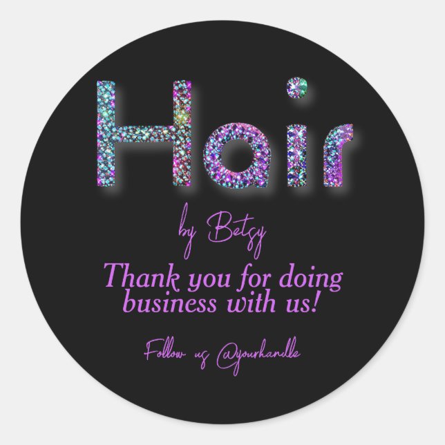 Adesivo Redondo Holographic Glitter Hair Stylist Salon Obrigado (Frente)