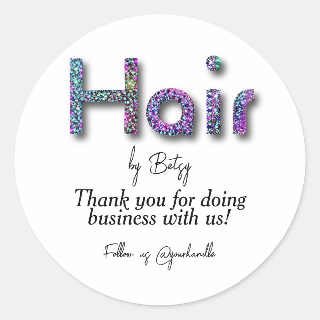 Adesivo Redondo Holographic Glitter Hair Stylist Salon Obrigado (Frente)