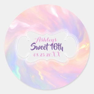 Adesivo Redondo Holographic Sweet 16th Name Pink Date Quinceañera
