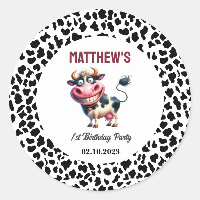 Adesivo Redondo Holy Cow! 1st Birthday | Animal First Birthday  (Frente)