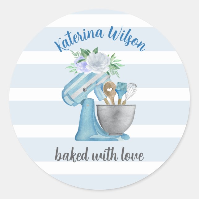 Adesivo Redondo Home Bakery Blue Flower Mixer baked with love  (Frente)
