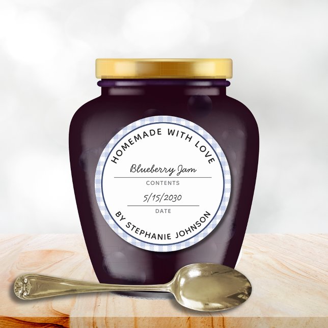 Adesivo Redondo Home Canning Nome do produto Data Xadrez azul Jar  (Home Canning Product Name Date Blue Check Jar Label Classic Round Sticker)